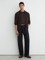 Reiss Dark Brown Martindale Wool Check-Textured Zip-Through Cardigan - Image 4 of 6