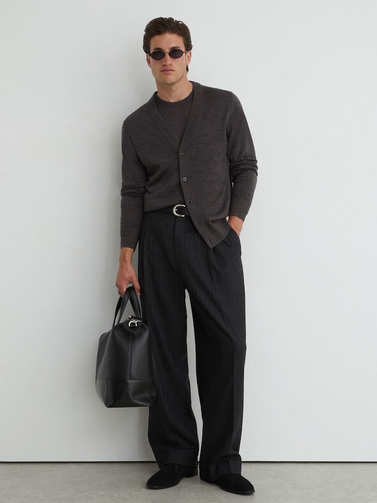Reiss Dark Wicker Brown Ashcroft Merino Wool V-Neck Cardigan - Image 1 of 7 Reiss Dark Wicker Brown Ashcroft Merino Wool V-Neck Cardigan - Image 1 of 7