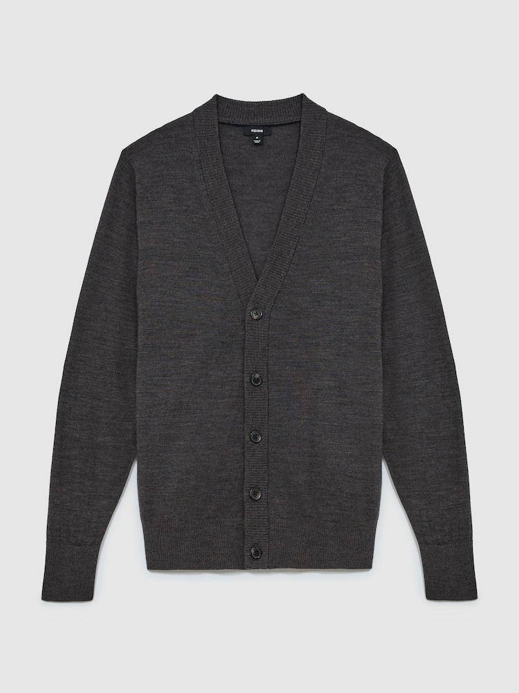 Reiss Dark Wicker Brown Ashcroft Merino Wool V-Neck Cardigan - Image 2 of 7 Reiss Dark Wicker Brown Ashcroft Merino Wool V-Neck Cardigan - Image 2 of 7