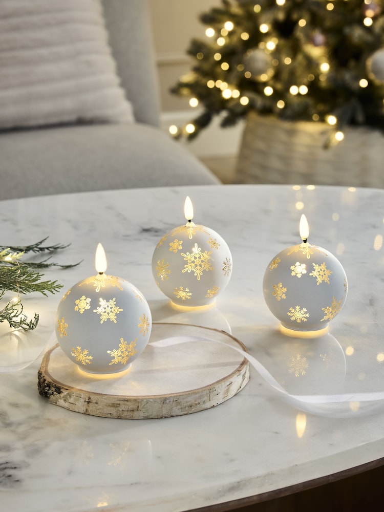 Set of 3 White and Gold Christmas Bauble LED Candles - Image 1 of 5