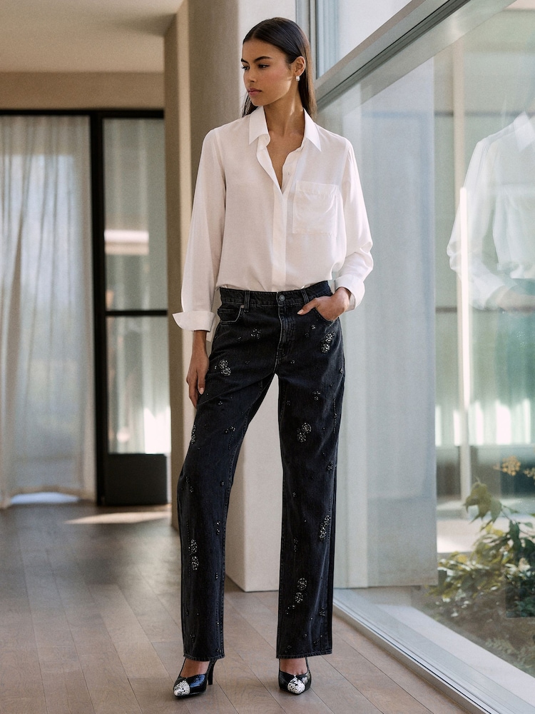 Negro - N.Premium Floral Embellishment Straight Jeans - Imagen 1 de 5 Negro - N.Premium Floral Embellishment Straight Jeans - Imagen 1 de 5