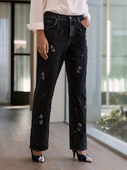 Negro - N.Premium Floral Embellishment Straight Jeans - Imagen 2 de 5