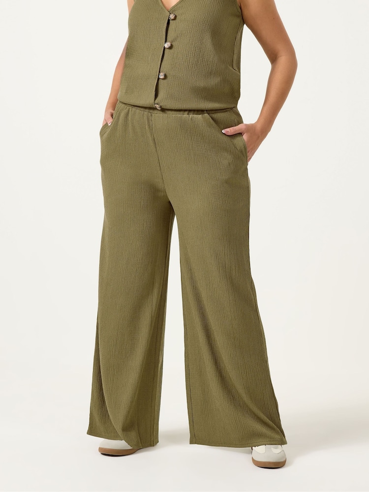 Yours Curve Green Elasticated Waist Textured Trousers - Image 1 of 5