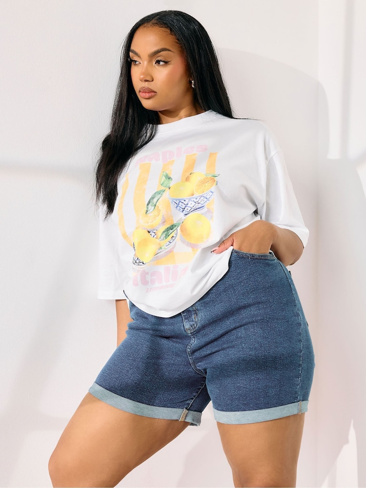 Yours Curve Blue Elasticated Waist Turn Up Denim Shorts - Image 1 of 4