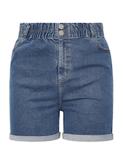 Yours Curve Blue Elasticated Waist Turn Up Denim Shorts - Image 4 of 4