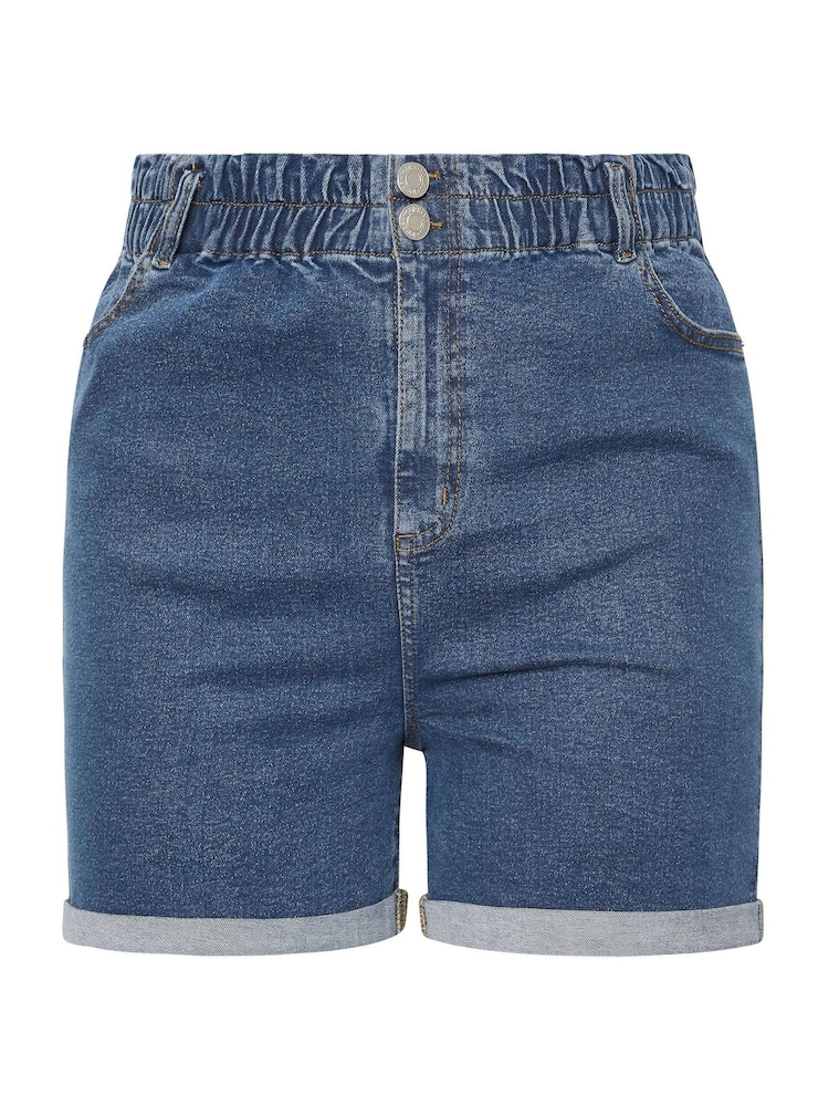 Yours Curve Blue Elasticated Waist Turn Up Denim Shorts - Image 4 of 4