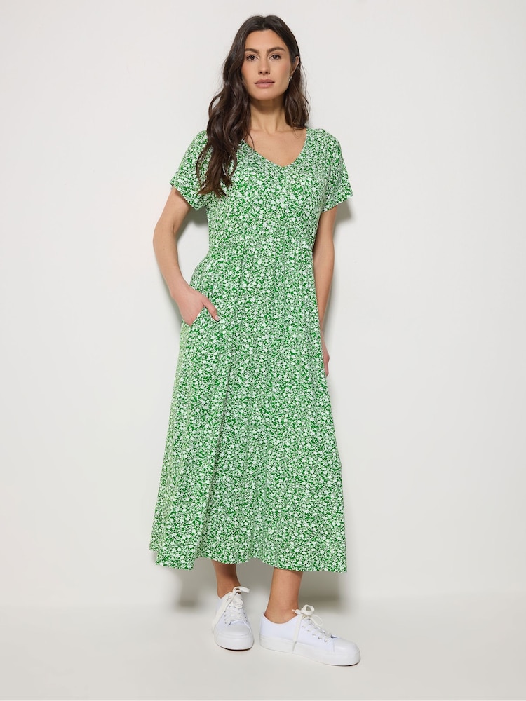 M&Co Green Floral V-Neck Midi Dress - Image 1 of 5