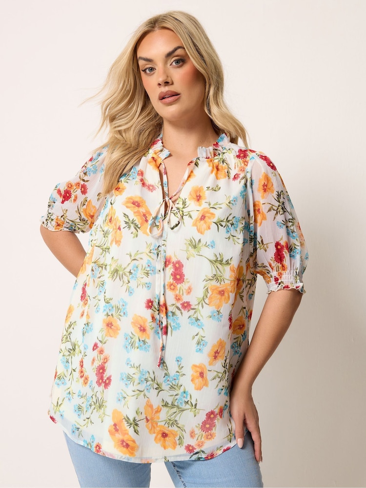 Yours Curve Chalk White Frill Neck Lined Blouse - Image 1 of 5