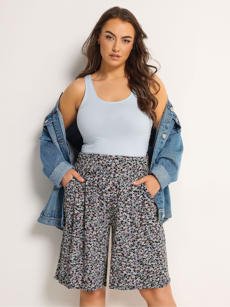 Yours Curve Black Chrome Floral Ditsy Shorts - Image 1 of 5