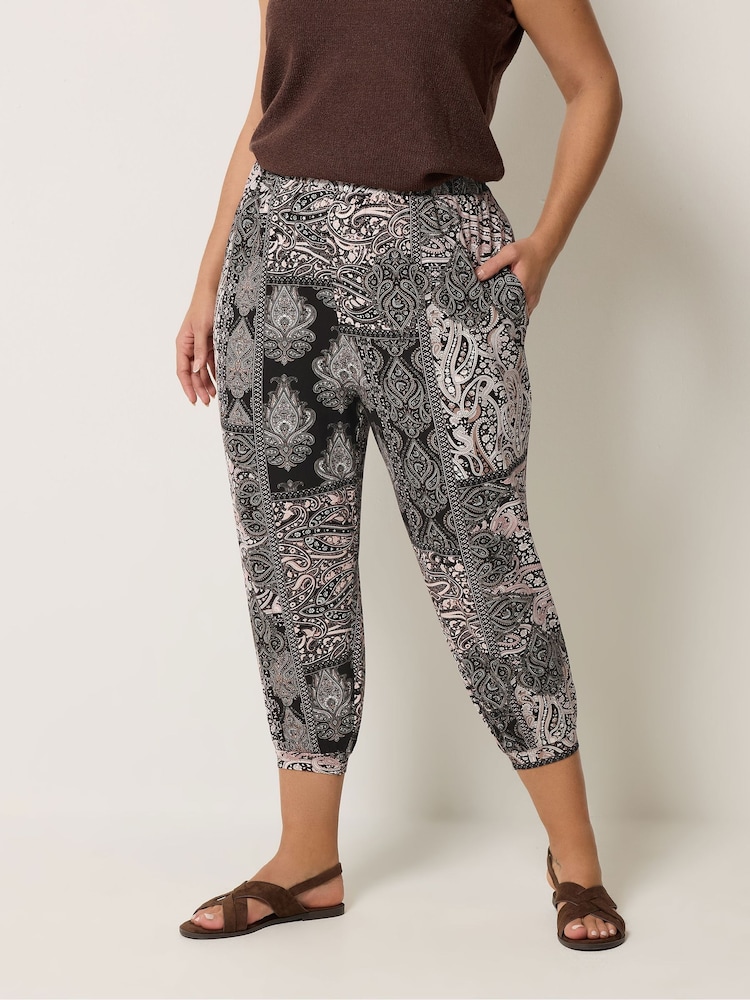 Yours Curve Black Jersey Cropped Harem Trousers - Image 1 of 5 Yours Curve Black Jersey Cropped Harem Trousers - Image 1 of 5