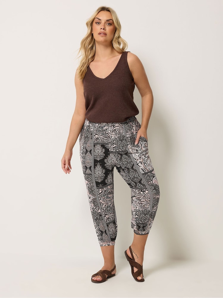 Yours Curve Black Jersey Cropped Harem Trousers - Image 2 of 5 Yours Curve Black Jersey Cropped Harem Trousers - Image 2 of 5