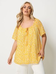 Yours Curve Yellow Floral Tie Neck Pintuck Blouse - Image 1 of 5
