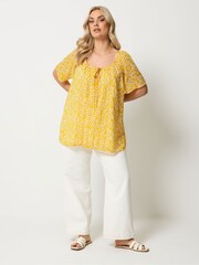Yours Curve Yellow Floral Tie Neck Pintuck Blouse - Image 2 of 5