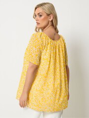 Yours Curve Yellow Floral Tie Neck Pintuck Blouse - Image 3 of 5