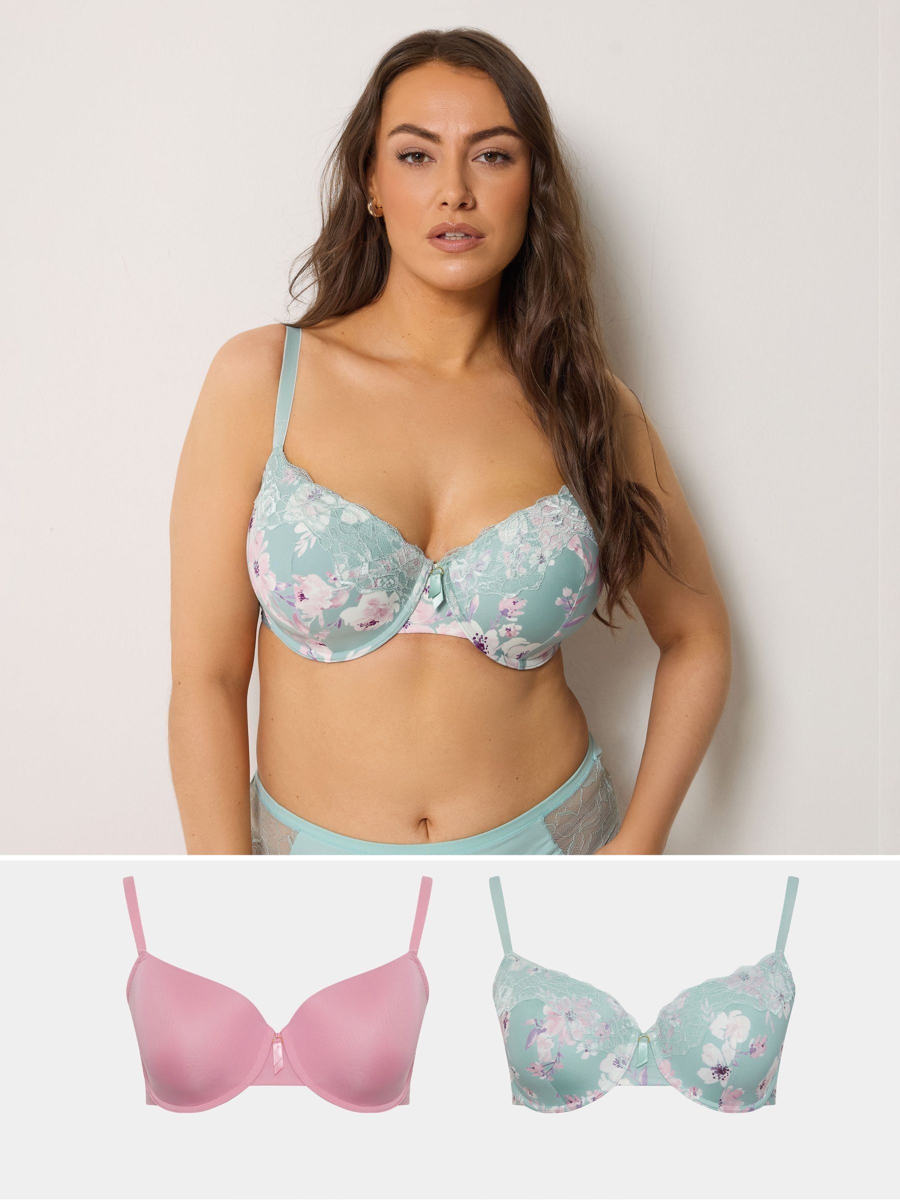 Yours Curve Women's Green Floral T-Shirt Underwired Padded Bra 2 Pack