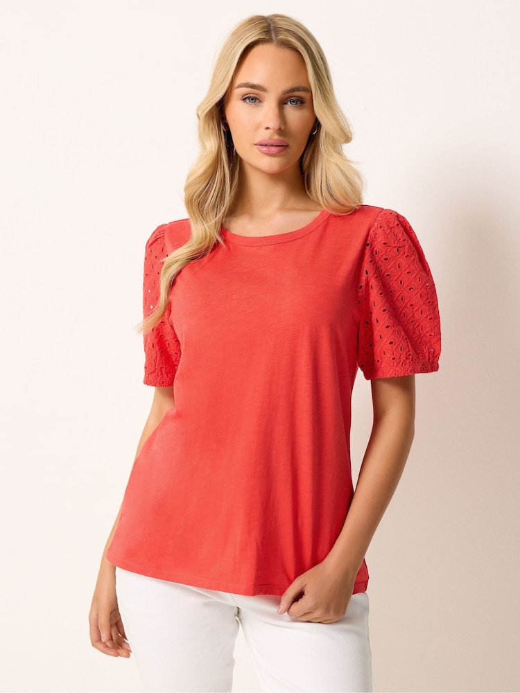 M&Co Orange Broderie Puff Sleeve T-Shirt - Image 1 of 5 M&Co Orange Broderie Puff Sleeve T-Shirt - Image 1 of 5