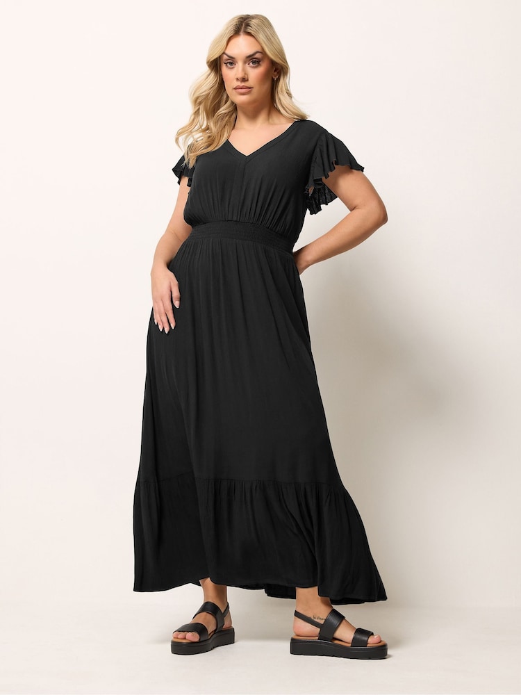 Yours Curve Black Crinkle Shirred Maxi Dress - Image 1 of 5 Yours Curve Black Crinkle Shirred Maxi Dress - Image 1 of 5