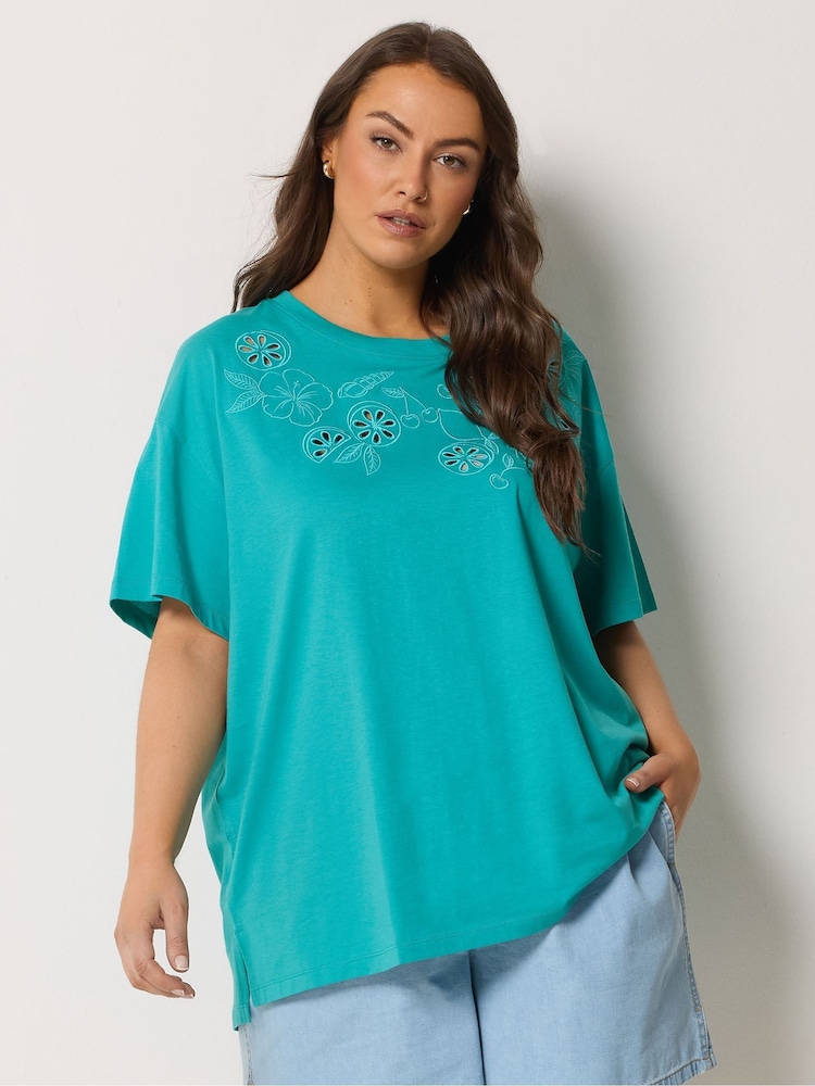 Yours Curve Blue Applique Fruits T-Shirt - Image 1 of 5