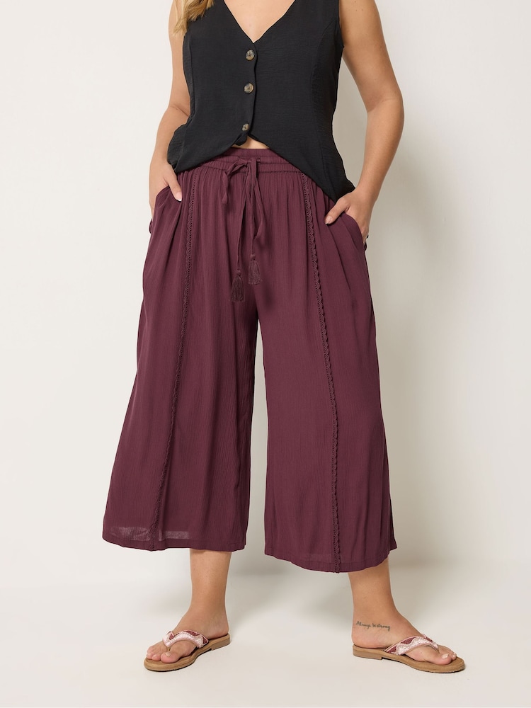 Yours Curve Purple Crinkle Drawstring Scallop Cropped Trousers - Image 1 of 5