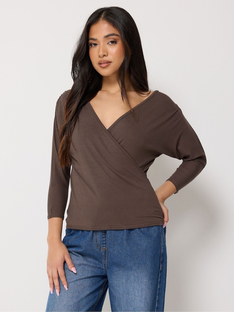 PixieGirl Petite Brown 3/4 Sleeve Wrap Top - Image 1 of 5