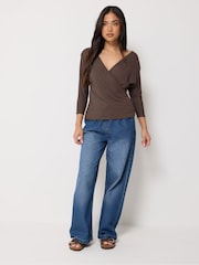 PixieGirl Petite Brown 3/4 Sleeve Wrap Top - Image 4 of 5