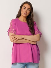 Yours Curve Pink Crochet Sleeve Boxy T-Shirt - Image 1 of 5