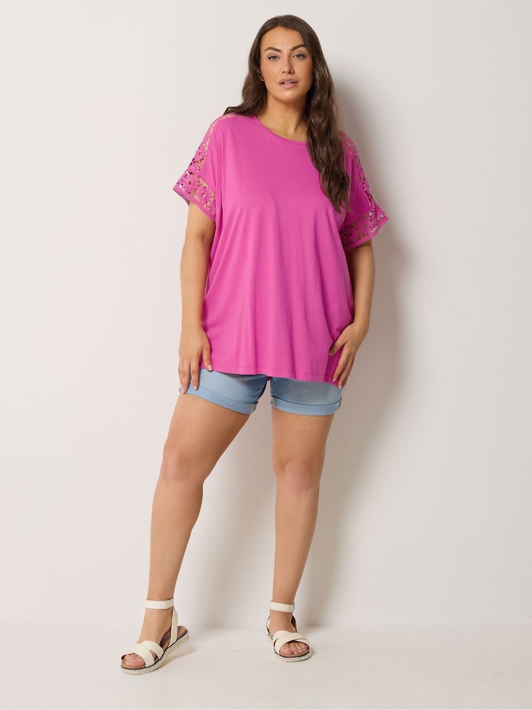 Yours Curve Pink Crochet Sleeve Boxy T-Shirt - Image 2 of 5