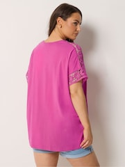 Yours Curve Pink Crochet Sleeve Boxy T-Shirt - Image 3 of 5
