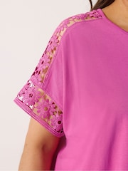 Yours Curve Pink Crochet Sleeve Boxy T-Shirt - Image 4 of 5