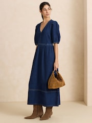 Dark Blue V-Neck Puff Sleeve Maxi Denim Dress - Image 1 of 8