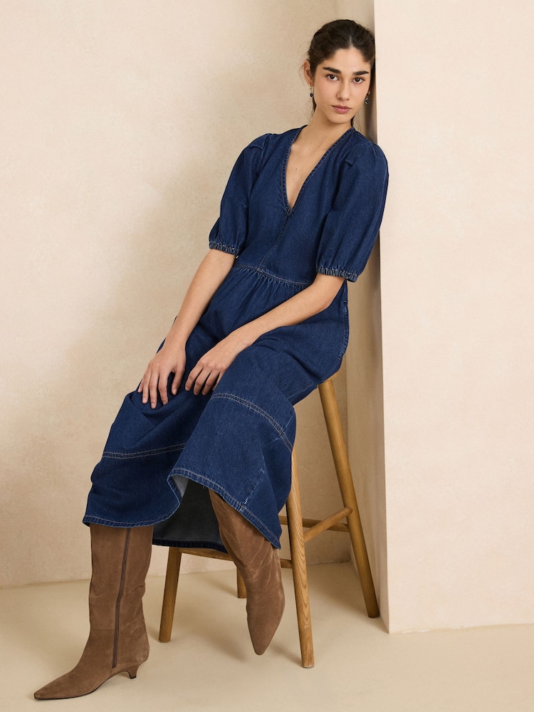 Dark Blue V-Neck Puff Sleeve Maxi Denim Dress - Image 2 of 8