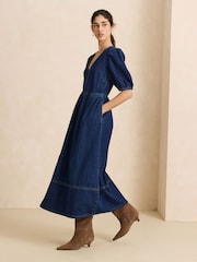 Dark Blue V-Neck Puff Sleeve Maxi Denim Dress - Image 3 of 8