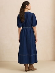Dark Blue V-Neck Puff Sleeve Maxi Denim Dress - Image 4 of 8