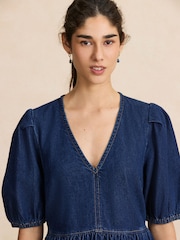 Dark Blue V-Neck Puff Sleeve Maxi Denim Dress - Image 5 of 8