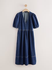 Dark Blue V-Neck Puff Sleeve Maxi Denim Dress - Image 6 of 8