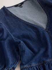 Dark Blue V-Neck Puff Sleeve Maxi Denim Dress - Image 8 of 8