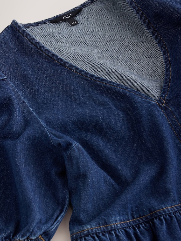 Dark Blue V-Neck Puff Sleeve Maxi Denim Dress - Image 8 of 8