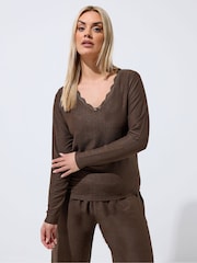 Yours Curve Brown Limited Textured Lace Long Sleeve Top - Image 1 of 5