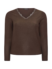 Yours Curve Brown Limited Textured Lace Long Sleeve Top - Image 5 of 5
