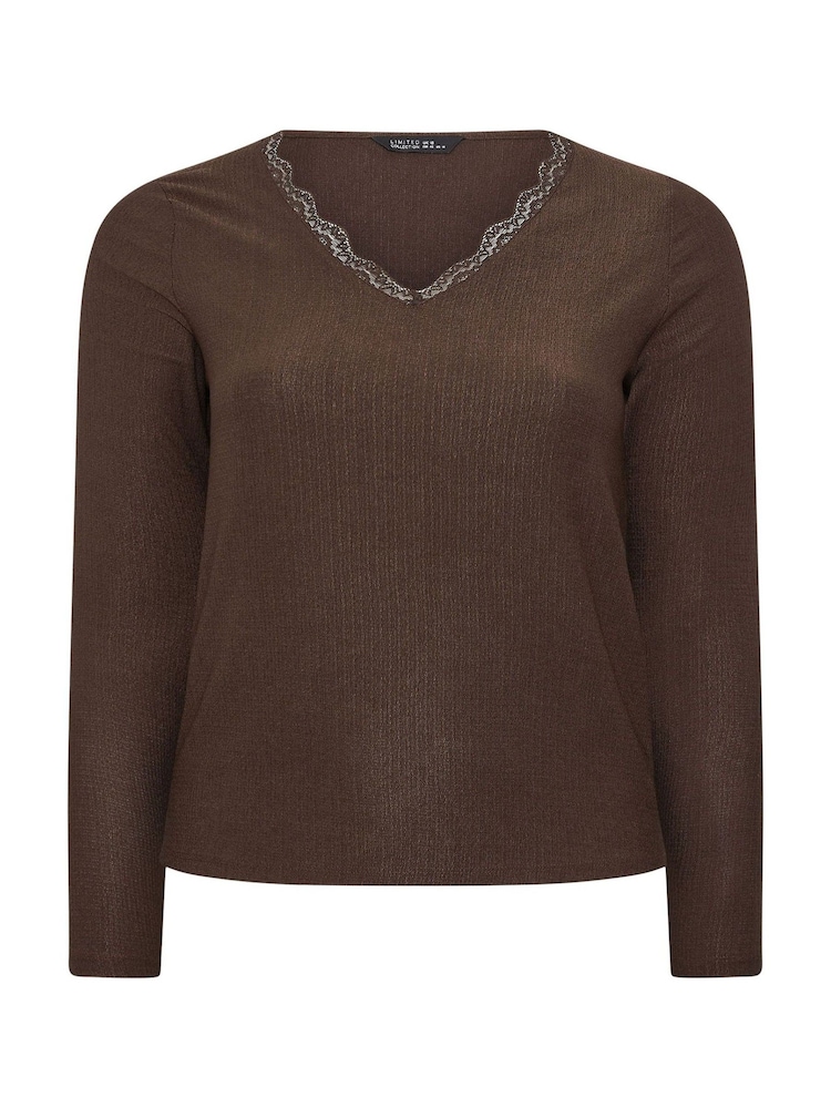 Yours Curve Brown Limited Textured Lace Long Sleeve Top - Image 5 of 5
