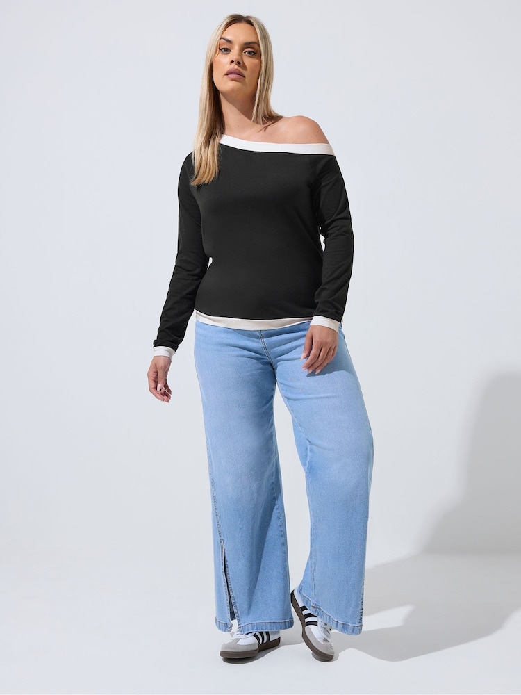 Yours Curve Black Limited Contrast Shoulder Top - Image 2 of 5 Yours Curve Black Limited Contrast Shoulder Top - Image 2 of 5