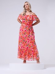 Yours Curve Orange London Floral Metallic Cold Shoulder Maxi Dress - Image 1 of 5