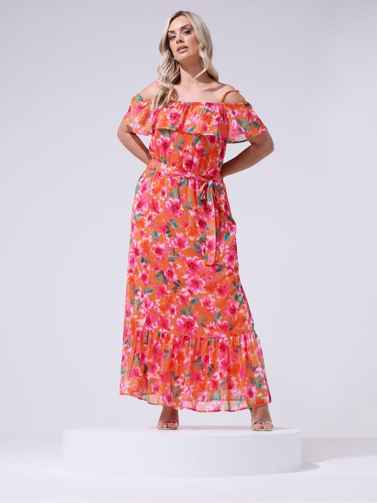 Yours Curve Orange London Floral Metallic Cold Shoulder Maxi Dress - Image 1 of 5