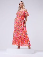 Yours Curve Orange London Floral Metallic Cold Shoulder Maxi Dress - Image 3 of 5