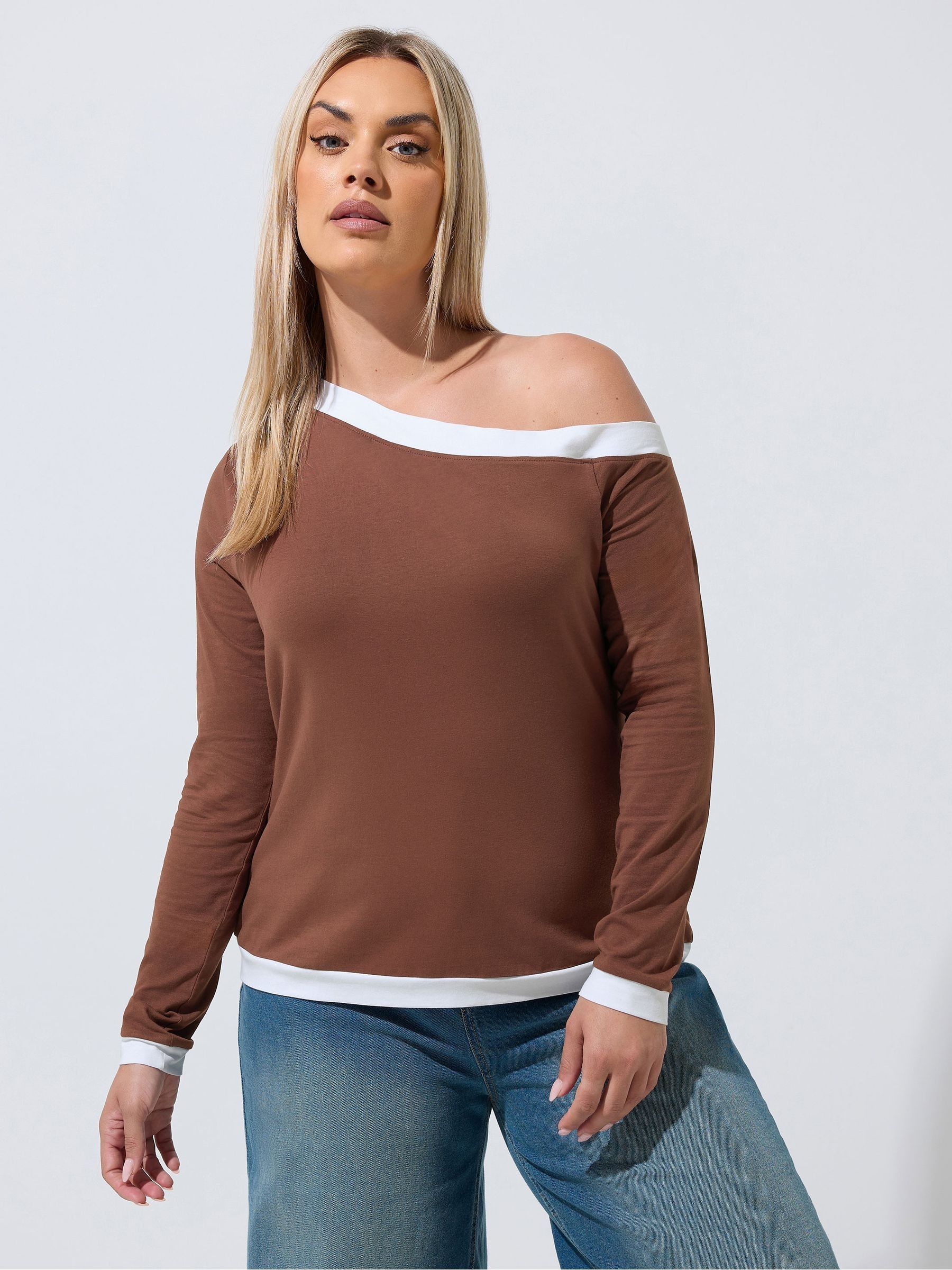 Yours Curve Women's Brown Limited Contrast Shoulder Top