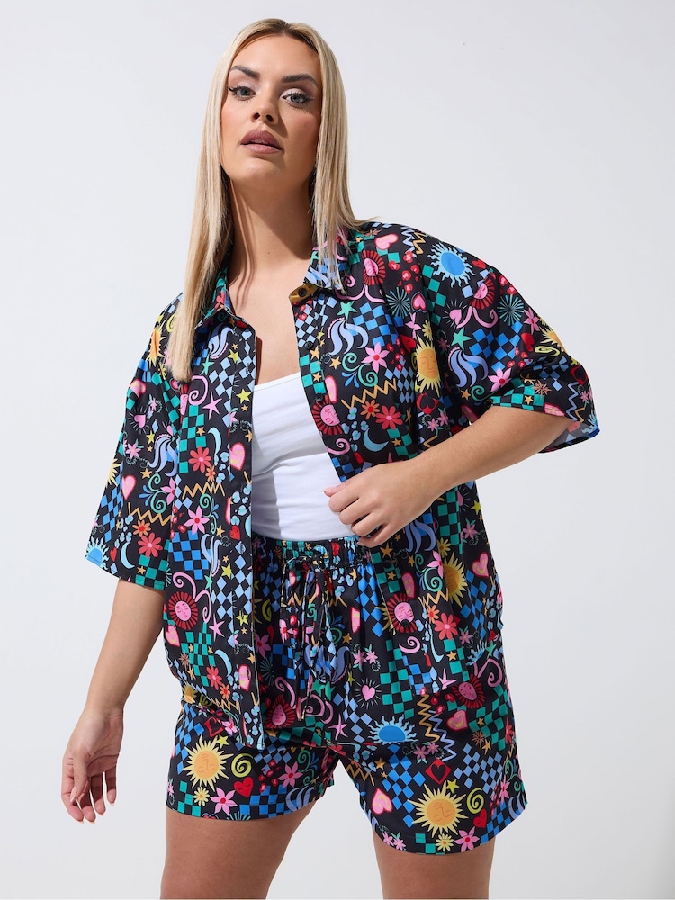 Yours Curve Black Limited Mixed Print Shirt - Image 1 of 5