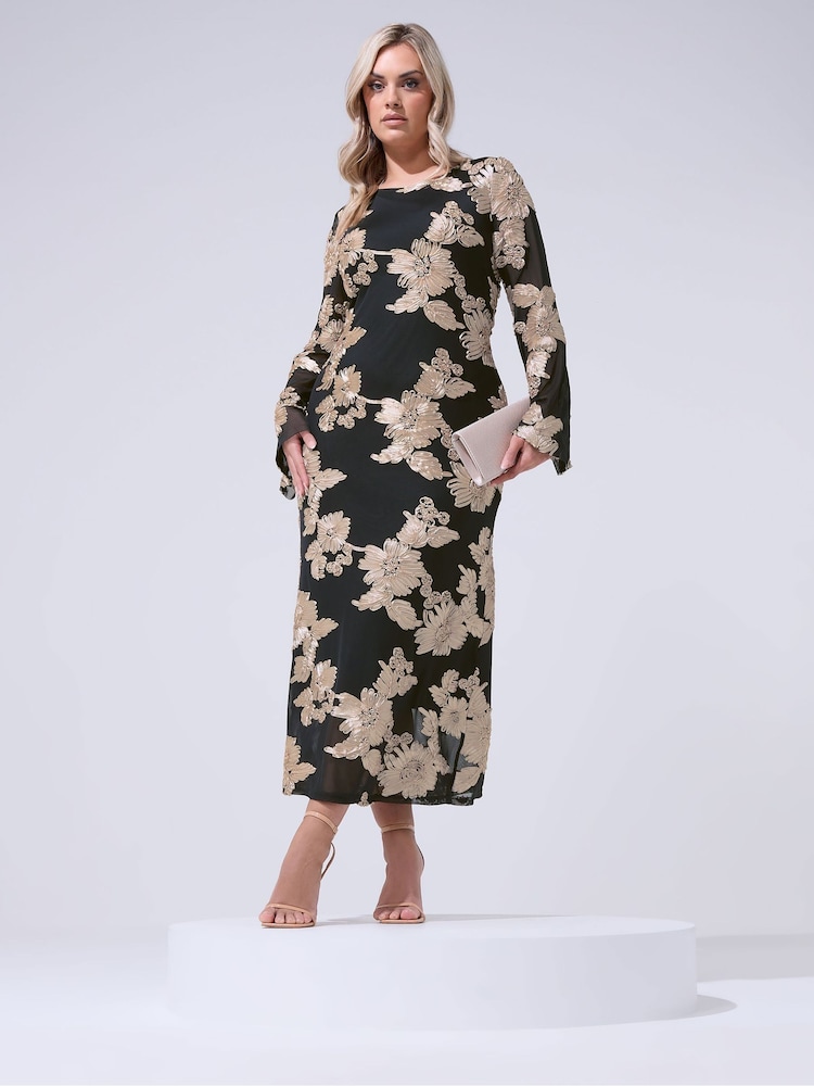 Yours Curve Black London Mesh Applique Long Sleeve Maxi Dress - Image 1 of 5