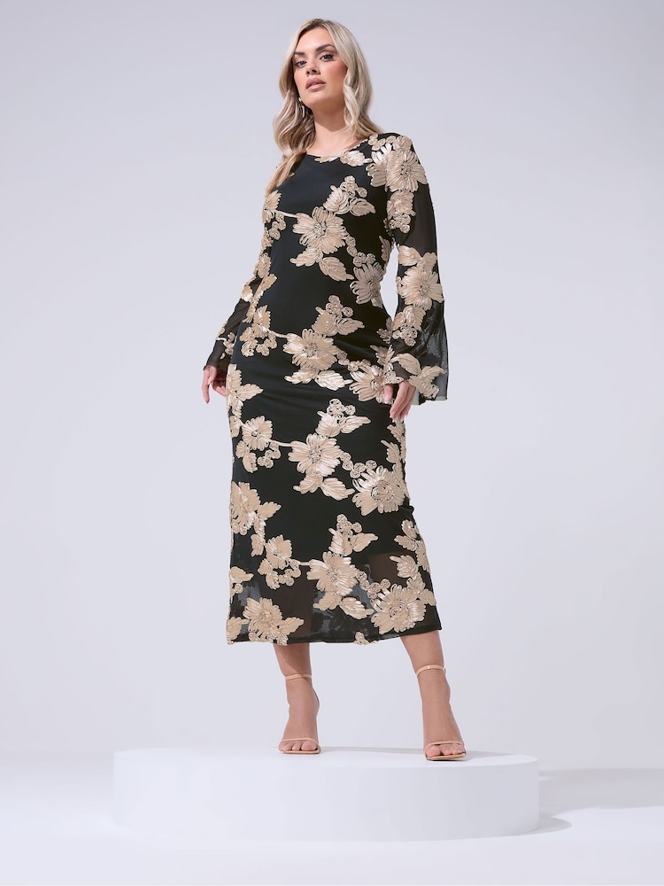 Yours Curve Black London Mesh Applique Long Sleeve Maxi Dress - Image 2 of 5