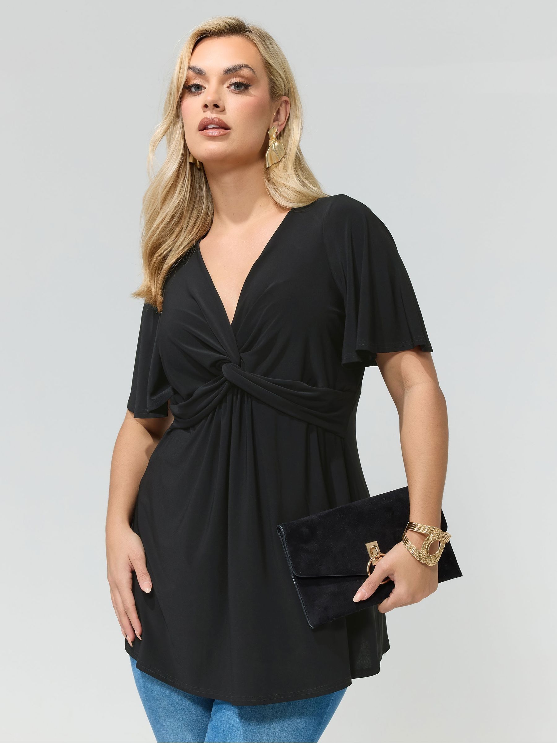 Yours Curve Women's Black Angel Sleeve Knot Front Top