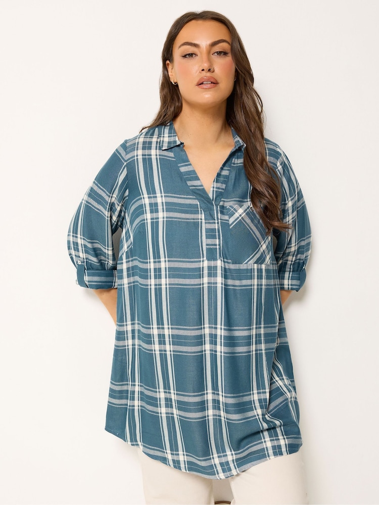 Yours Curve Blue Overhead Check Shirt - Image 1 of 5 Yours Curve Blue Overhead Check Shirt - Image 1 of 5